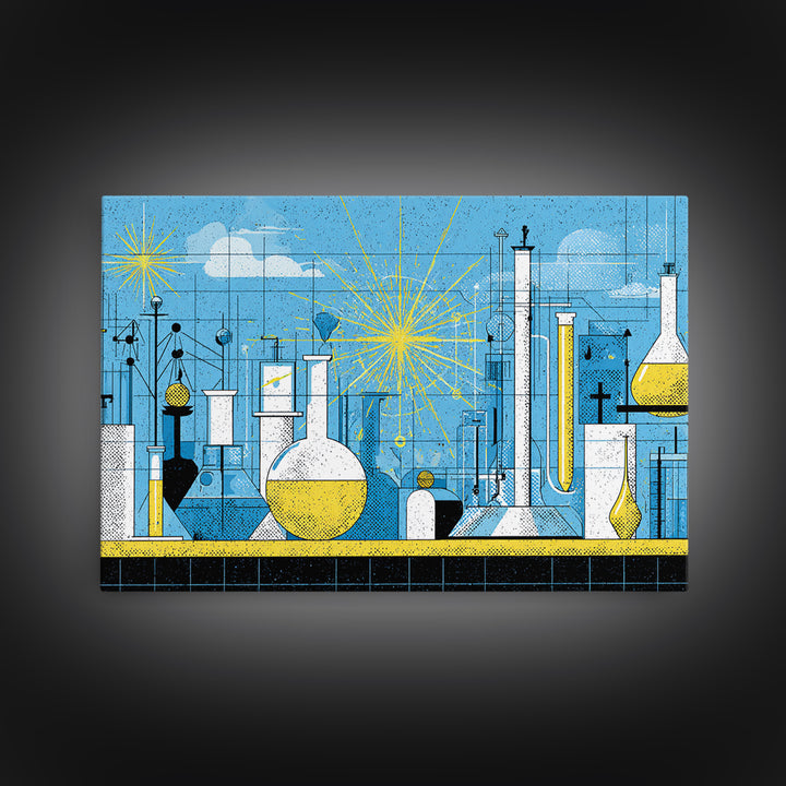 Blue Atomic Science Lab Canvas Print, Midcentury Modern Art, Yellow Sunburst Chemistry Decor, Retro Laboratory Wall Decor