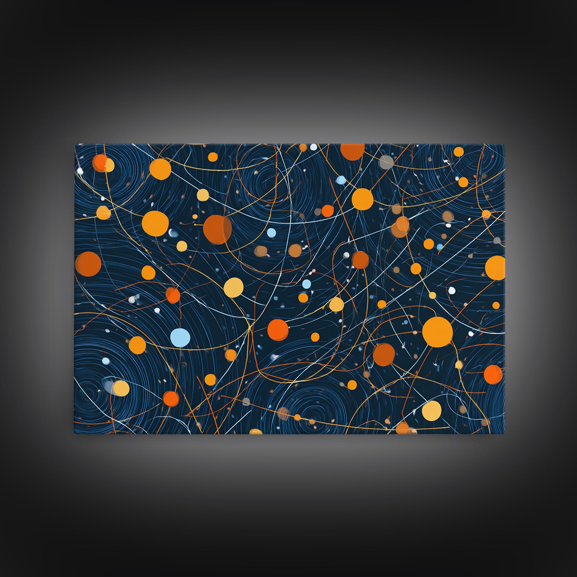Dark Blue Orange Orbital Wall Art, Midcentury Modern Atomic Abstract Print, Cosmic Geometric Decor, MCM Retro Space Poster