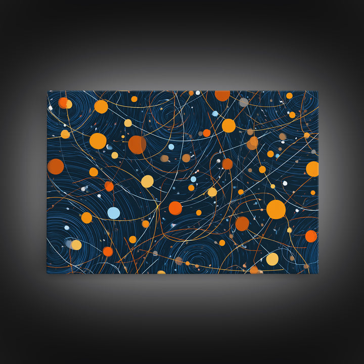 Dark Blue Orange Orbital Wall Art, Midcentury Modern Atomic Abstract Print, Cosmic Geometric Decor, MCM Retro Space Poster