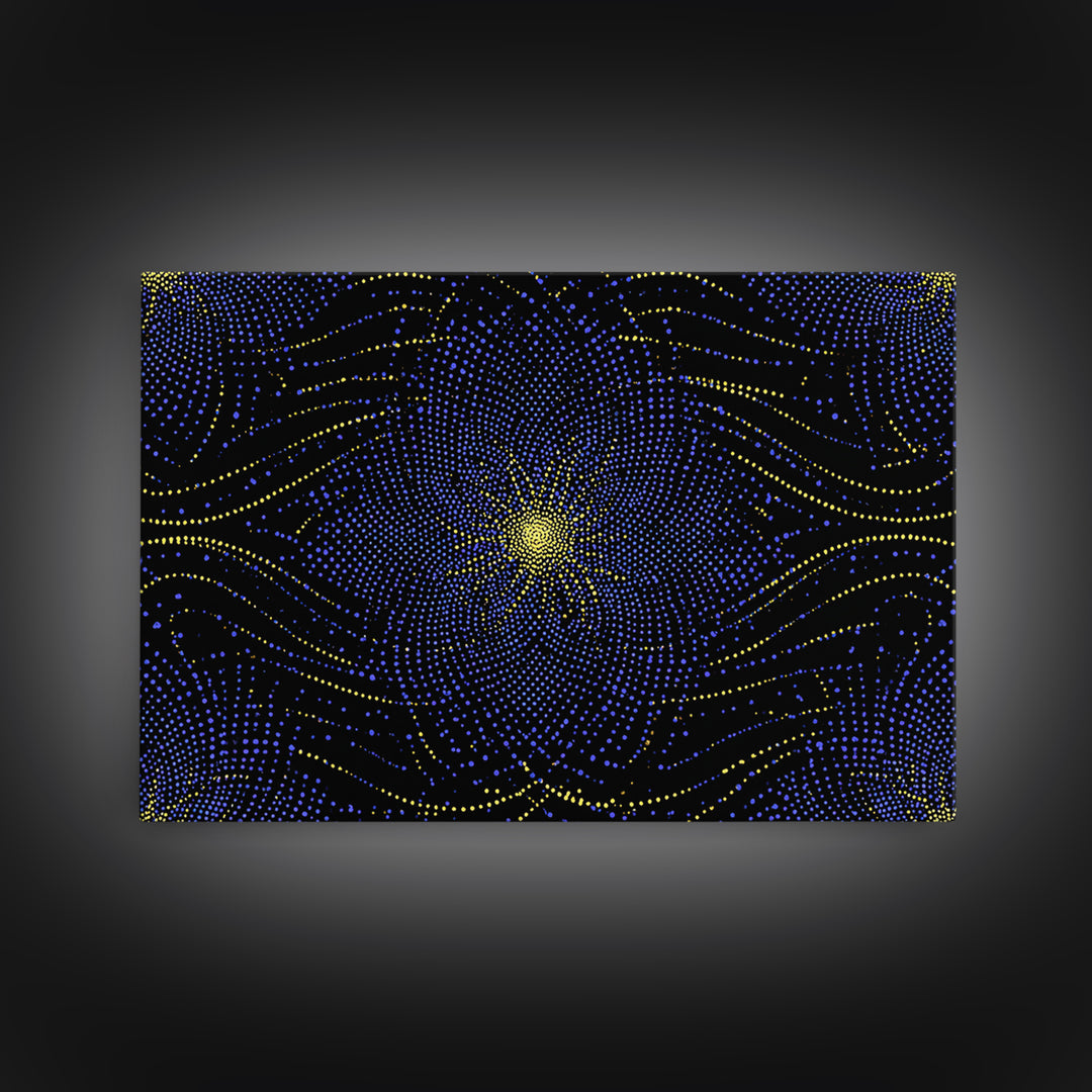 Blue Yellow Dotted Wave Canvas Print, Midcentury Modern Abstract Art, Optical Op Art Starburst, Cosmic Geometric Wall Decor