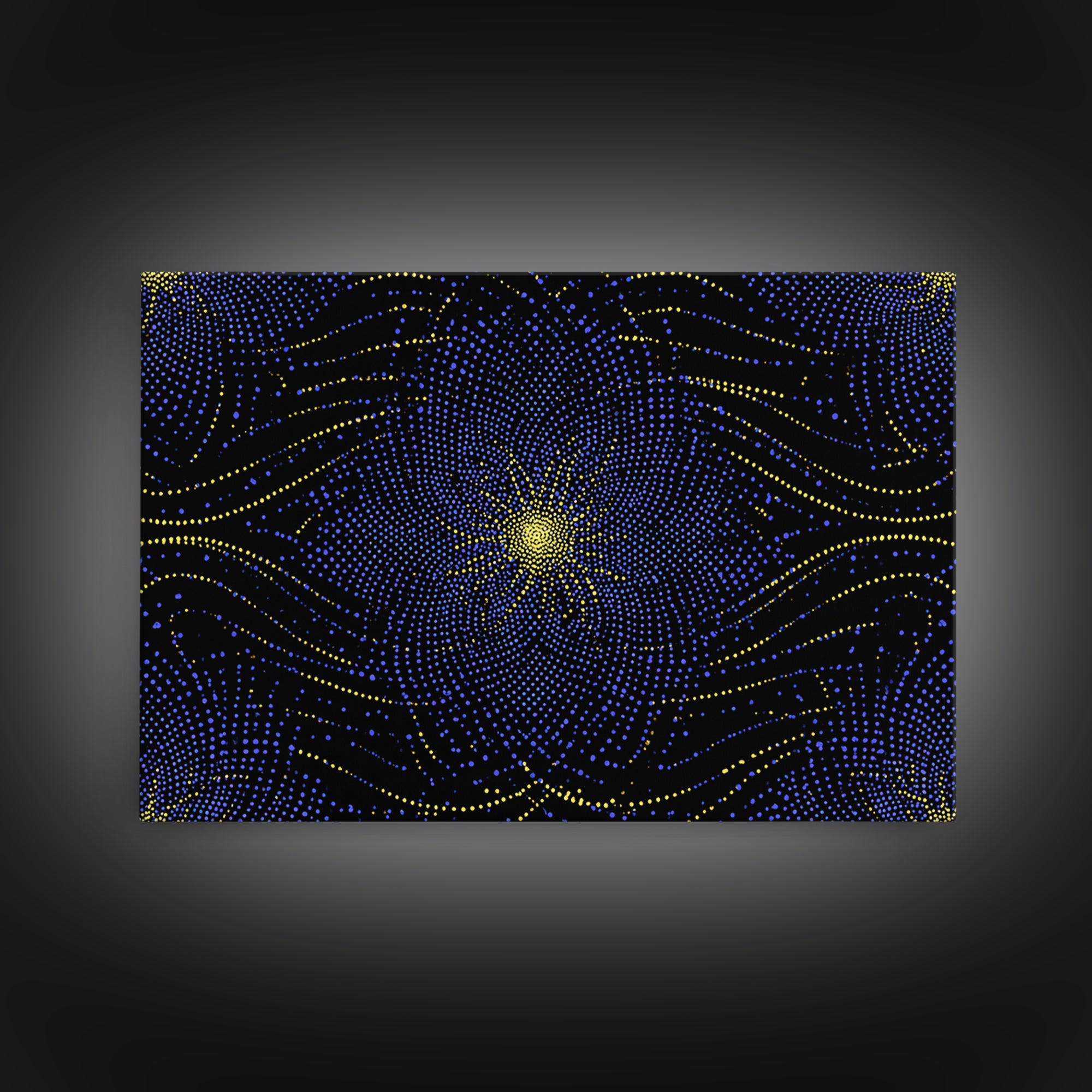 Blue Yellow Dotted Wave Canvas Print, Midcentury Modern Abstract Art, Optical Op Art Starburst, Cosmic Geometric Wall Decor