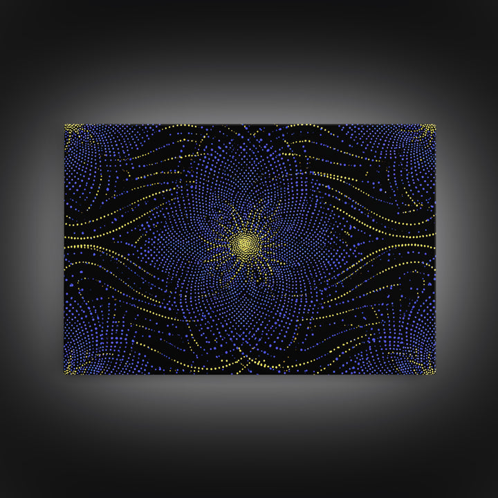 Blue Yellow Dotted Wave Canvas Print, Midcentury Modern Abstract Art, Optical Op Art Starburst, Cosmic Geometric Wall Decor