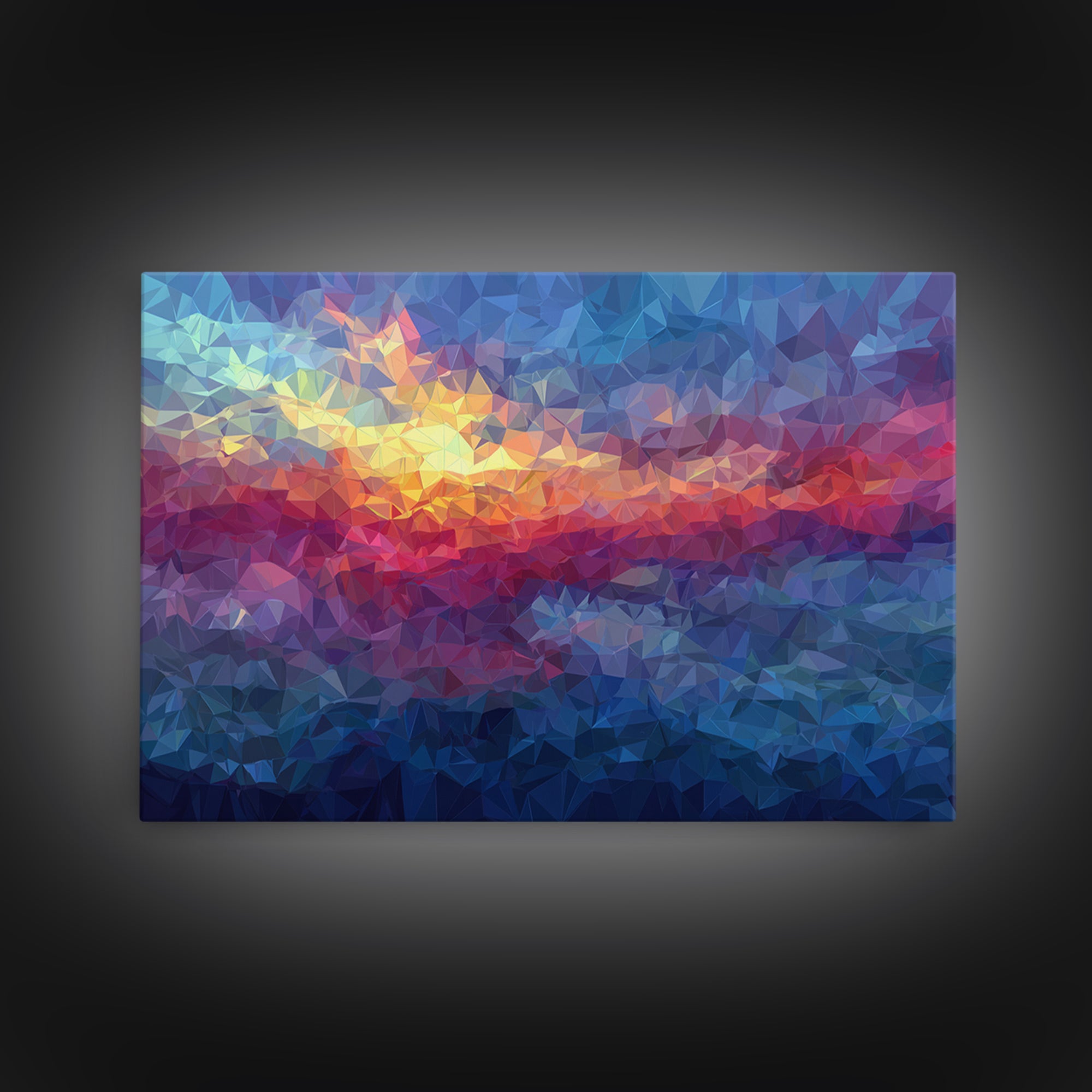 Low Poly Sunset Mountain Lake Wall Art, Colorful Geometric Art Print, Modern Home Decor, Living Room Framed Canvas Print