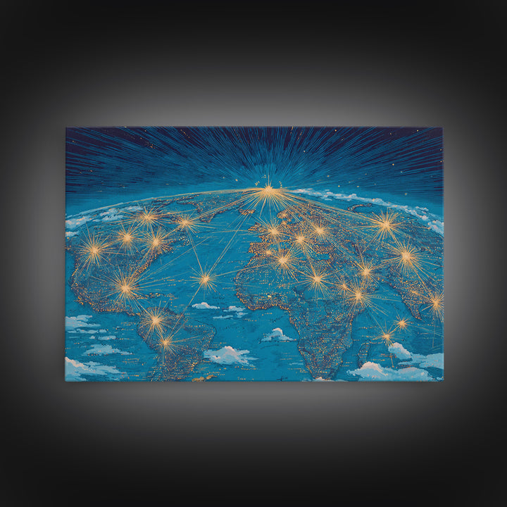 Earth From Space Network Lights Framed Canvas Print, Modern Wall Art, Midcentury Futuristic Travel Poster For Office Decor