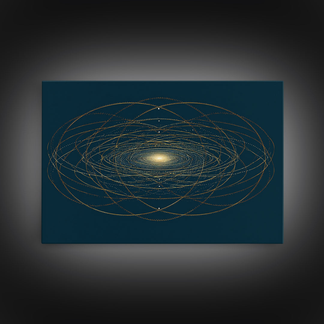 Golden Orbital Galaxy Mandala Framed Canvas Print, Midcentury Modern Abstract Art, Dark Teal Cosmic Geometric Wall Decor
