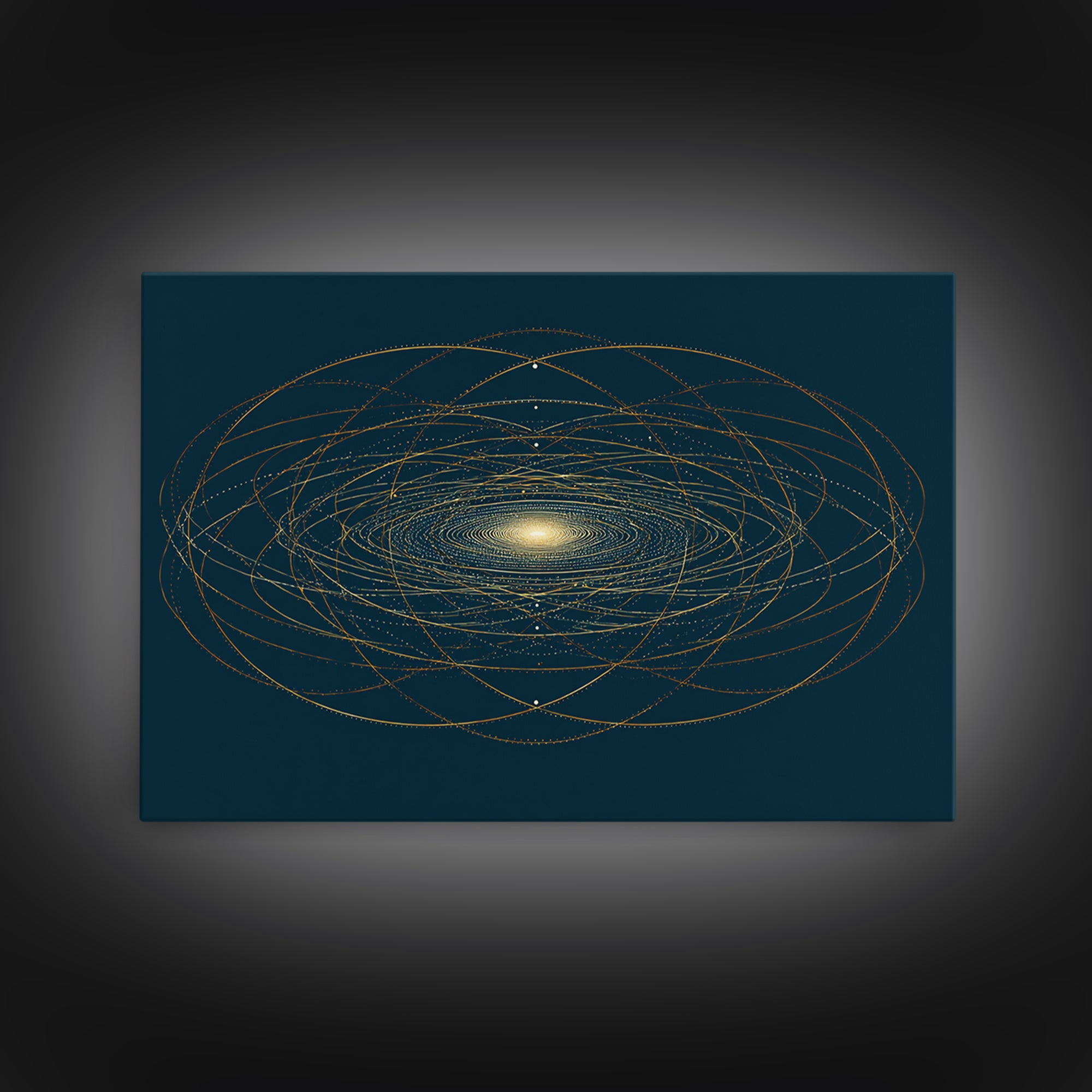 Golden Orbital Galaxy Mandala Framed Canvas Print, Midcentury Modern Abstract Art, Dark Teal Cosmic Geometric Wall Decor
