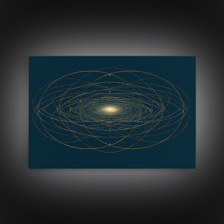 Golden Orbital Galaxy Mandala Framed Canvas Print, Midcentury Modern Abstract Art, Dark Teal Cosmic Geometric Wall Decor