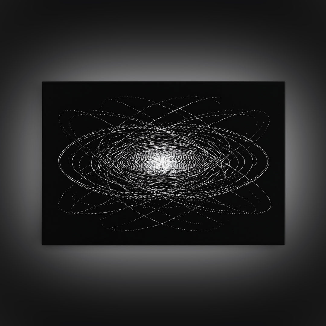 White Dotted Orbital Galaxy Wall Art, Cosmic Abstract Art Print, Modern Space Poster, Sci Fi Wall Decor, Black Minimalist Decor