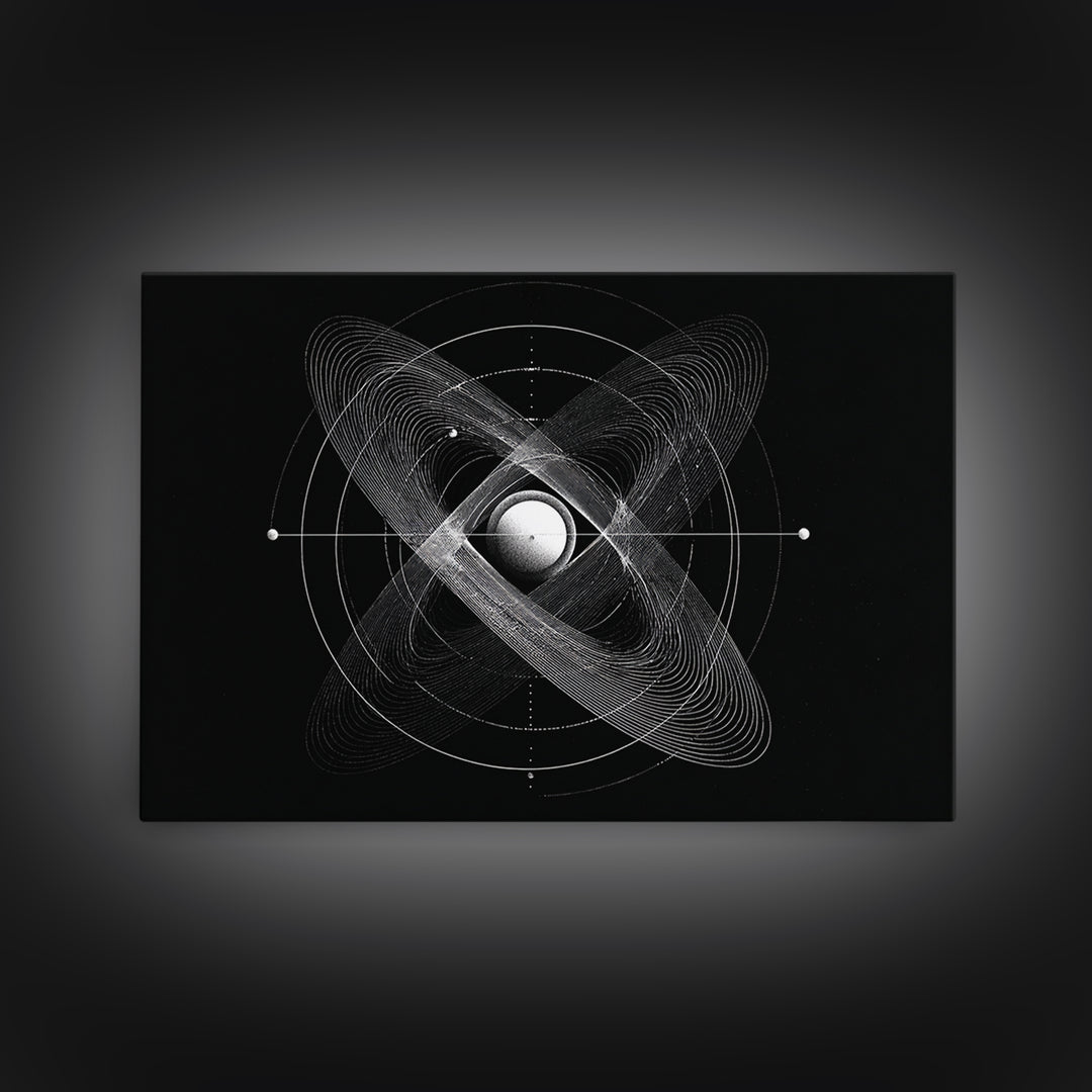 Atomic Sphere Orbit Canvas Print, Black And White Space Art, Geometric Wall Art, Modern Abstract Poster, Science Office Decor