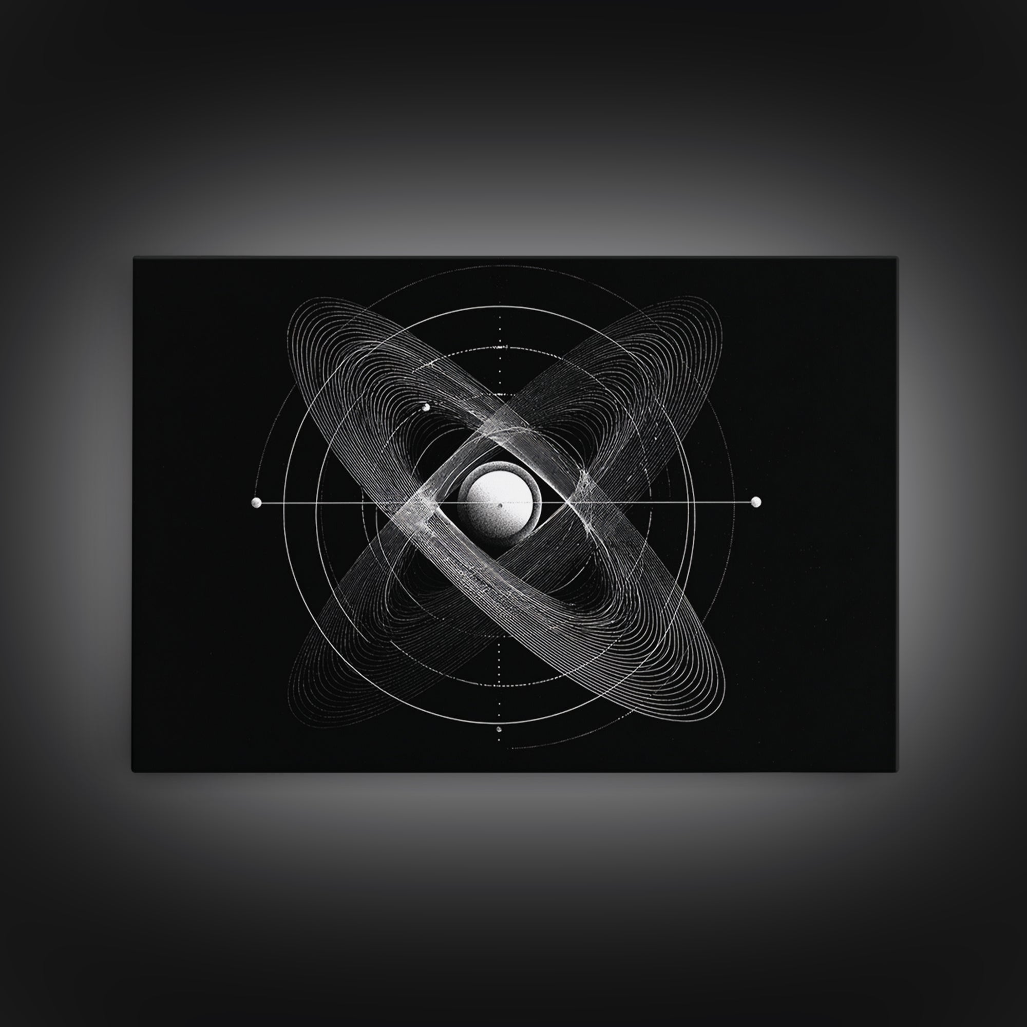 Atomic Sphere Orbit Canvas Print, Black And White Space Art, Geometric Wall Art, Modern Abstract Poster, Science Office Decor