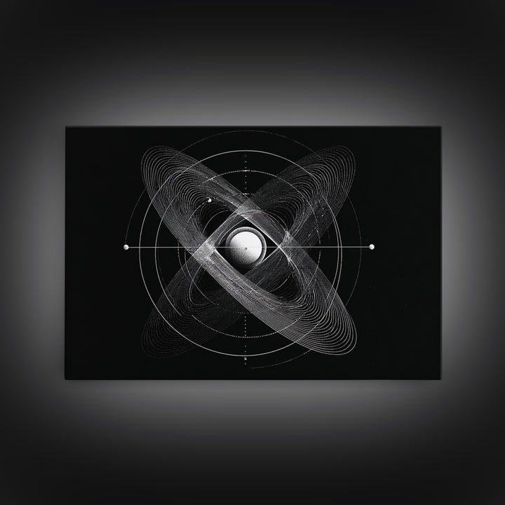 Atomic Sphere Orbit Canvas Print, Black And White Space Art, Geometric Wall Art, Modern Abstract Poster, Science Office Decor