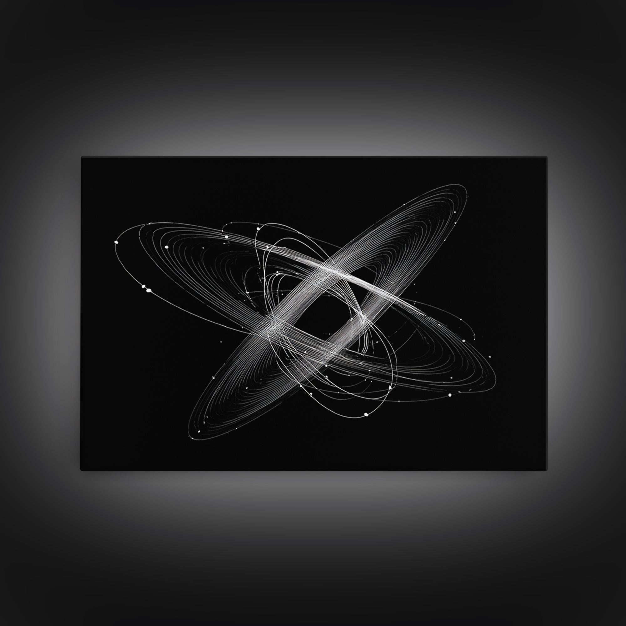 Tilted White Orbital Atom Wall Art, Minimalist Space Abstract Art Print, Modern Geometric Poster, Black Sci Fi Office Decor