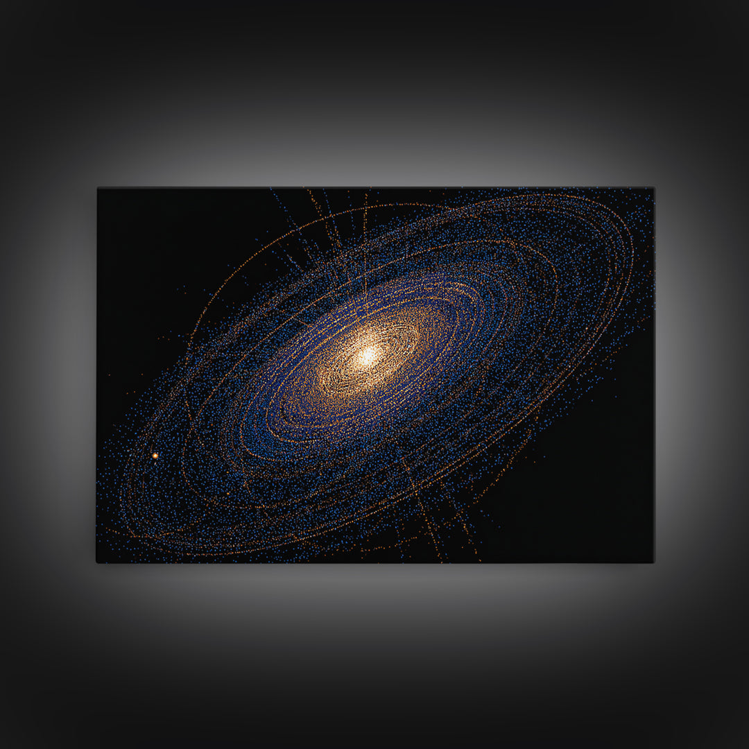 Blue Orange Spiral Galaxy Framed Canvas Print, Cosmic Space Abstract Art, Modern Wall Art, Digital Science Poster, Office Decor