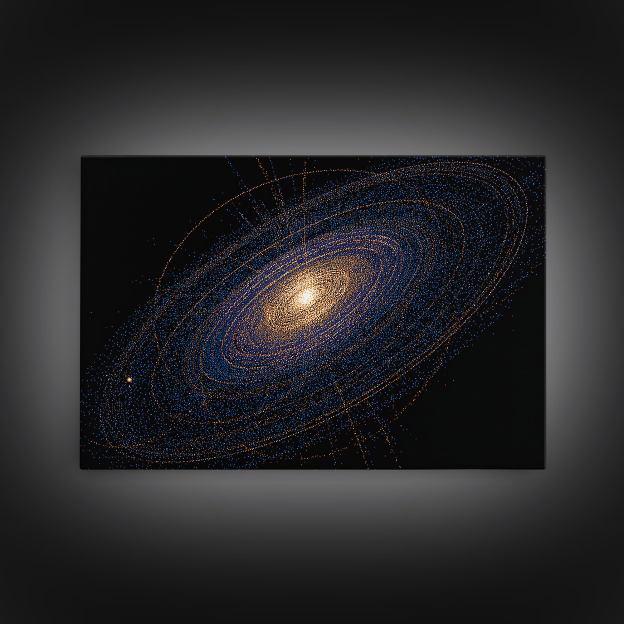 Blue Orange Spiral Galaxy Framed Canvas Print, Cosmic Space Abstract Art, Modern Wall Art, Digital Science Poster, Office Decor