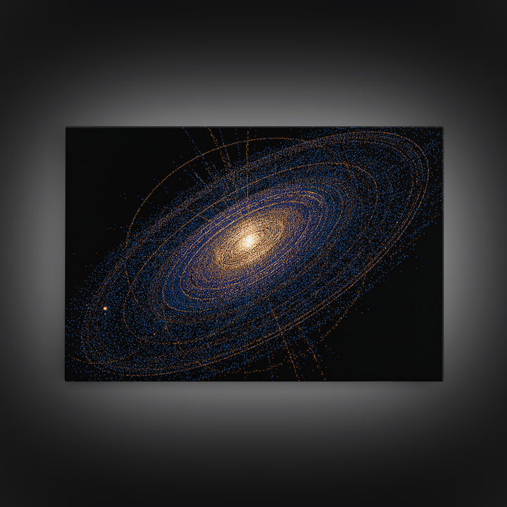 Blue Orange Spiral Galaxy Framed Canvas Print, Cosmic Space Abstract Art, Modern Wall Art, Digital Science Poster, Office Decor