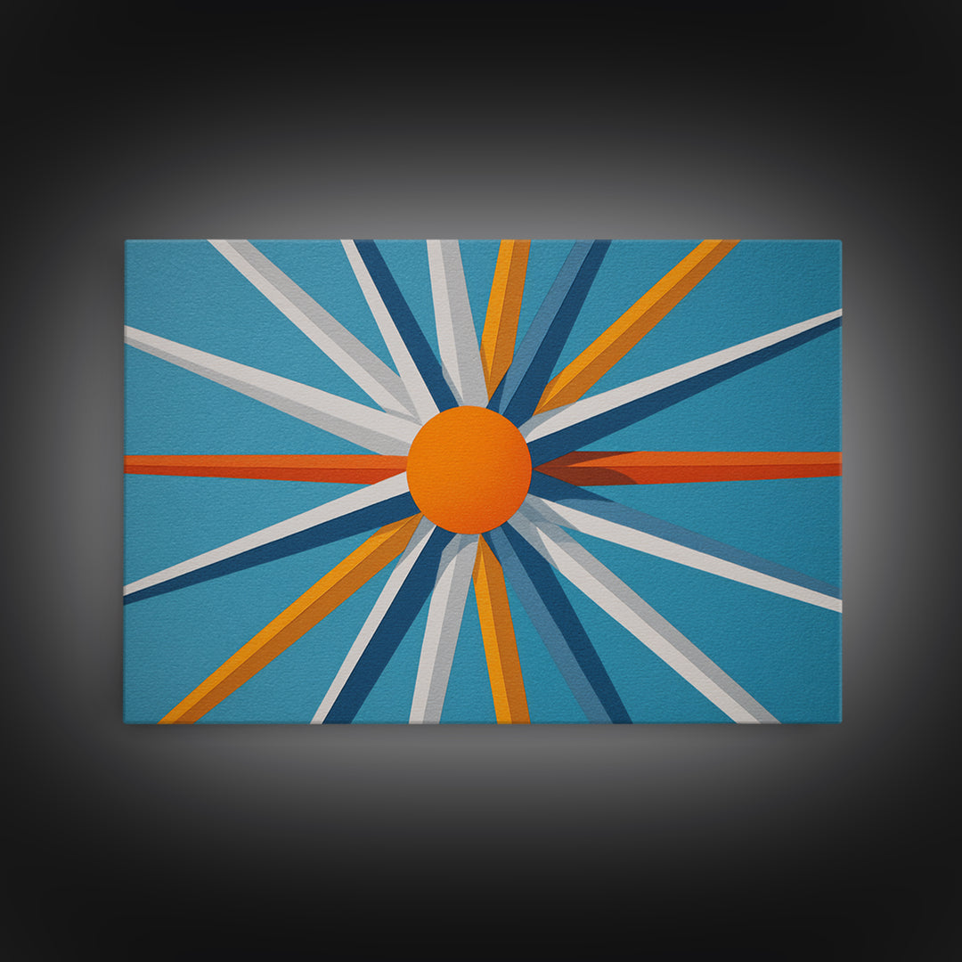 Orange Sunburst Geometric Wall Art, Midcentury Modern Art Print, Blue Teal Atomic Poster, Retro Modern Living Room Decor