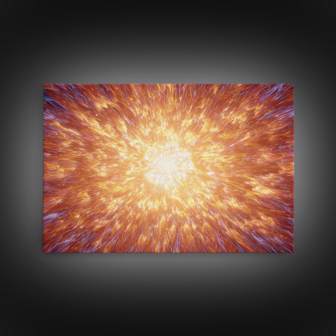 Fiery Cosmic Explosion Canvas Print, Bright Abstract Art, Orange Starburst Wall Art, Modern Space Poster, Statement Home Decor