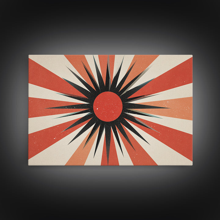 Red Black Retro Sunburst Wall Art, Midcentury Atomic Art Print, Orange Cream Geometric Poster, 60s Modern Living Room Wall Decor