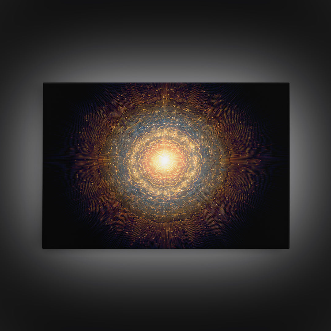 Golden Cosmic Mandala Framed Canvas Print, Abstract Spiritual Art, Modern Wall Art, Radiant Space Poster, Meditation Decor