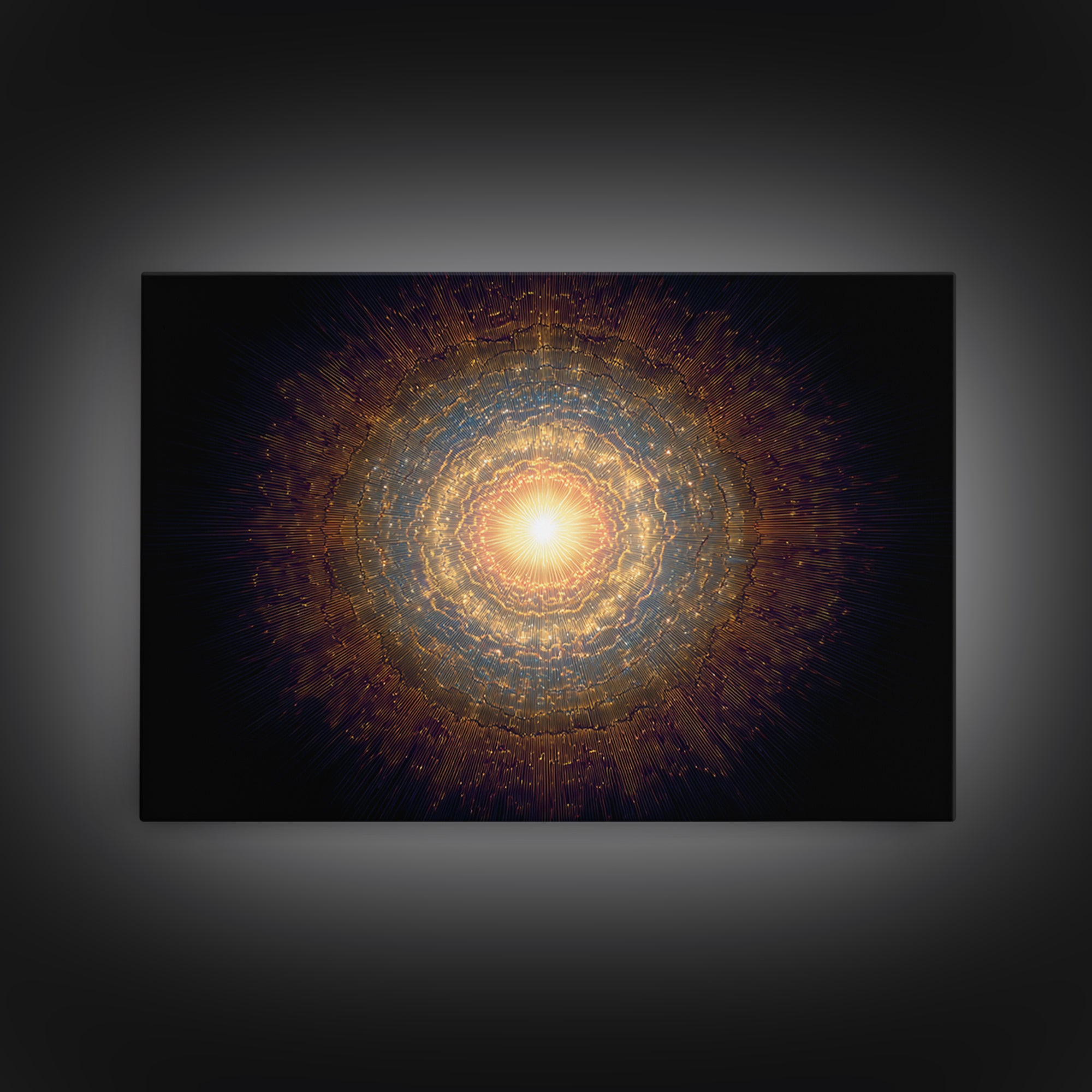 Golden Cosmic Mandala Framed Canvas Print, Abstract Spiritual Art, Modern Wall Art, Radiant Space Poster, Meditation Decor