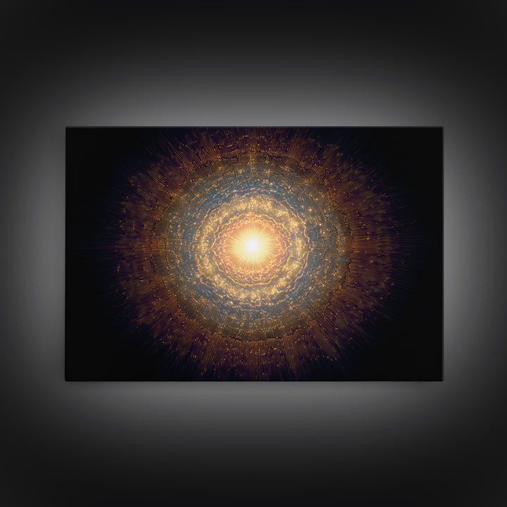 Golden Cosmic Mandala Framed Canvas Print, Abstract Spiritual Art, Modern Wall Art, Radiant Space Poster, Meditation Decor