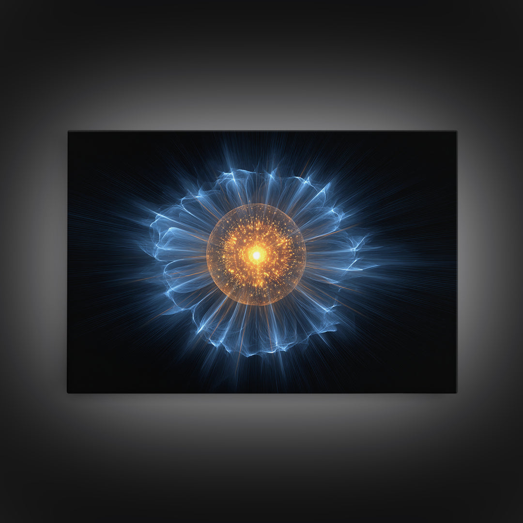 Blue Electric Plasma Orb Wall Art, Cosmic Abstract Art Print, Modern Space Poster, Orange Energy Decor, Sci Fi Office Decor