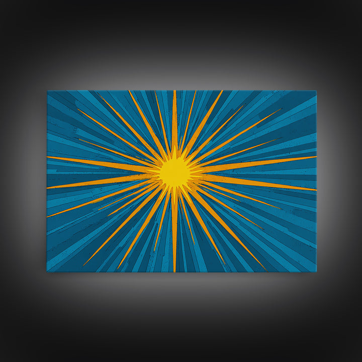 Blue Yellow Pop Art Sunburst Wall Art, Midcentury Modern Decor, Retro Geometric Print, Atomic MCM Living Room Decor Gift