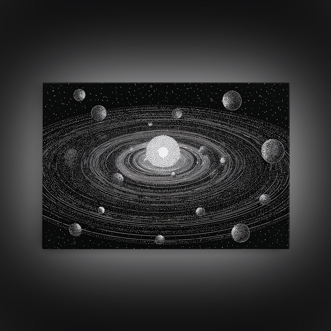 Black White Solar System Framed Canvas Print, Retro Sci Fi Wall Art, Midcentury Space Poster, Astronomy Office Decor Gift