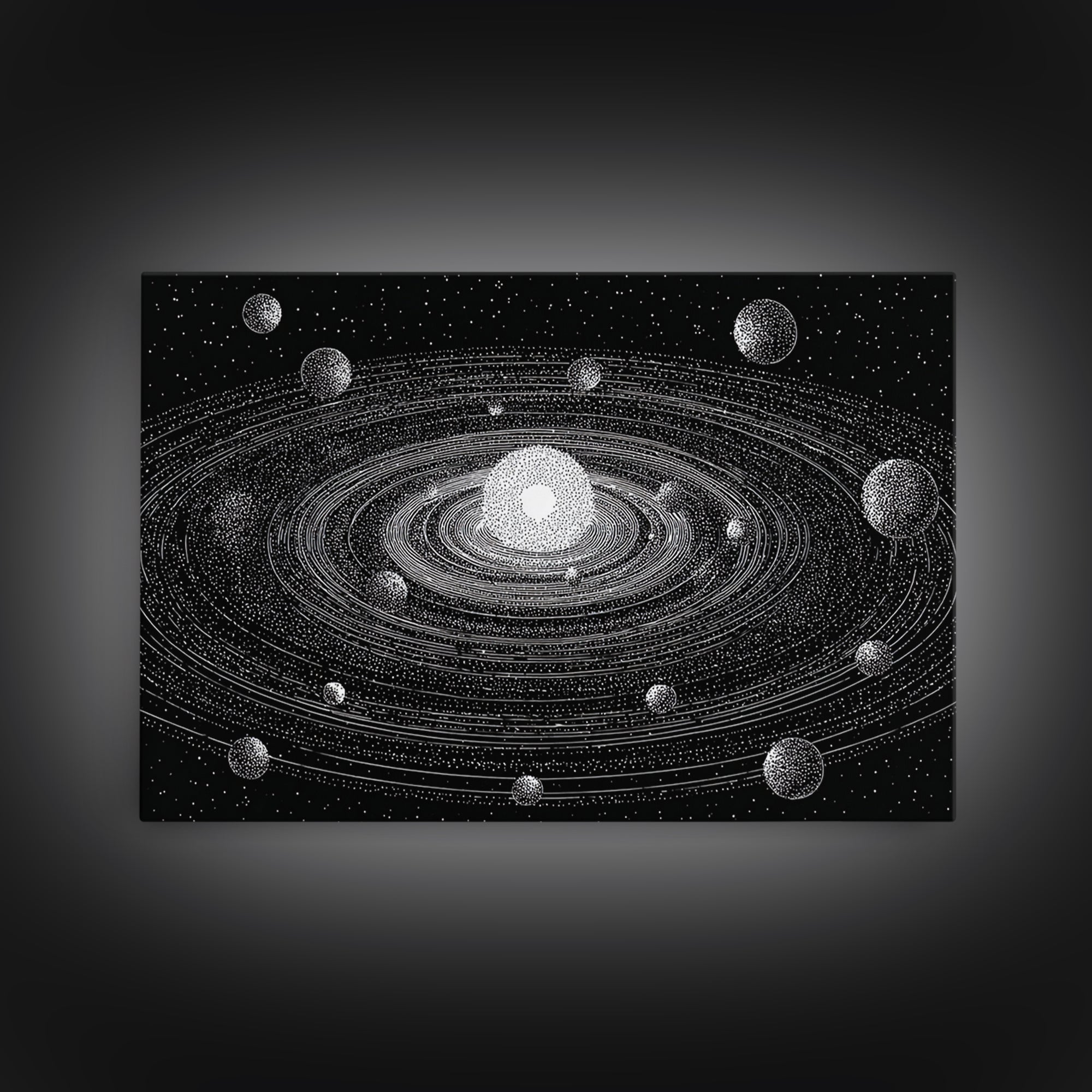 Black White Solar System Framed Canvas Print, Retro Sci Fi Wall Art, Midcentury Space Poster, Astronomy Office Decor Gift