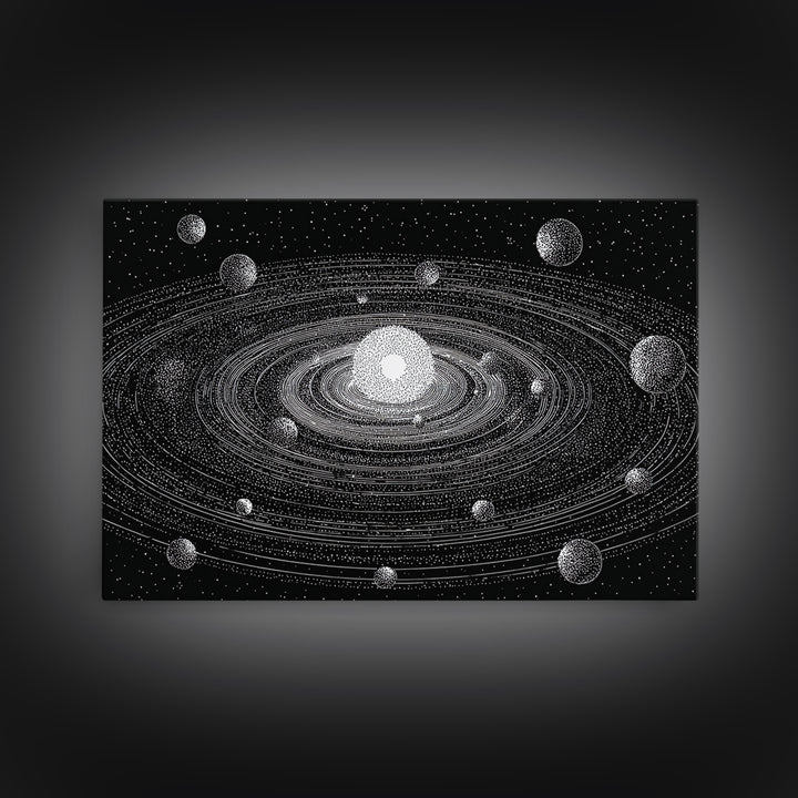 Black White Solar System Framed Canvas Print, Retro Sci Fi Wall Art, Midcentury Space Poster, Astronomy Office Decor Gift