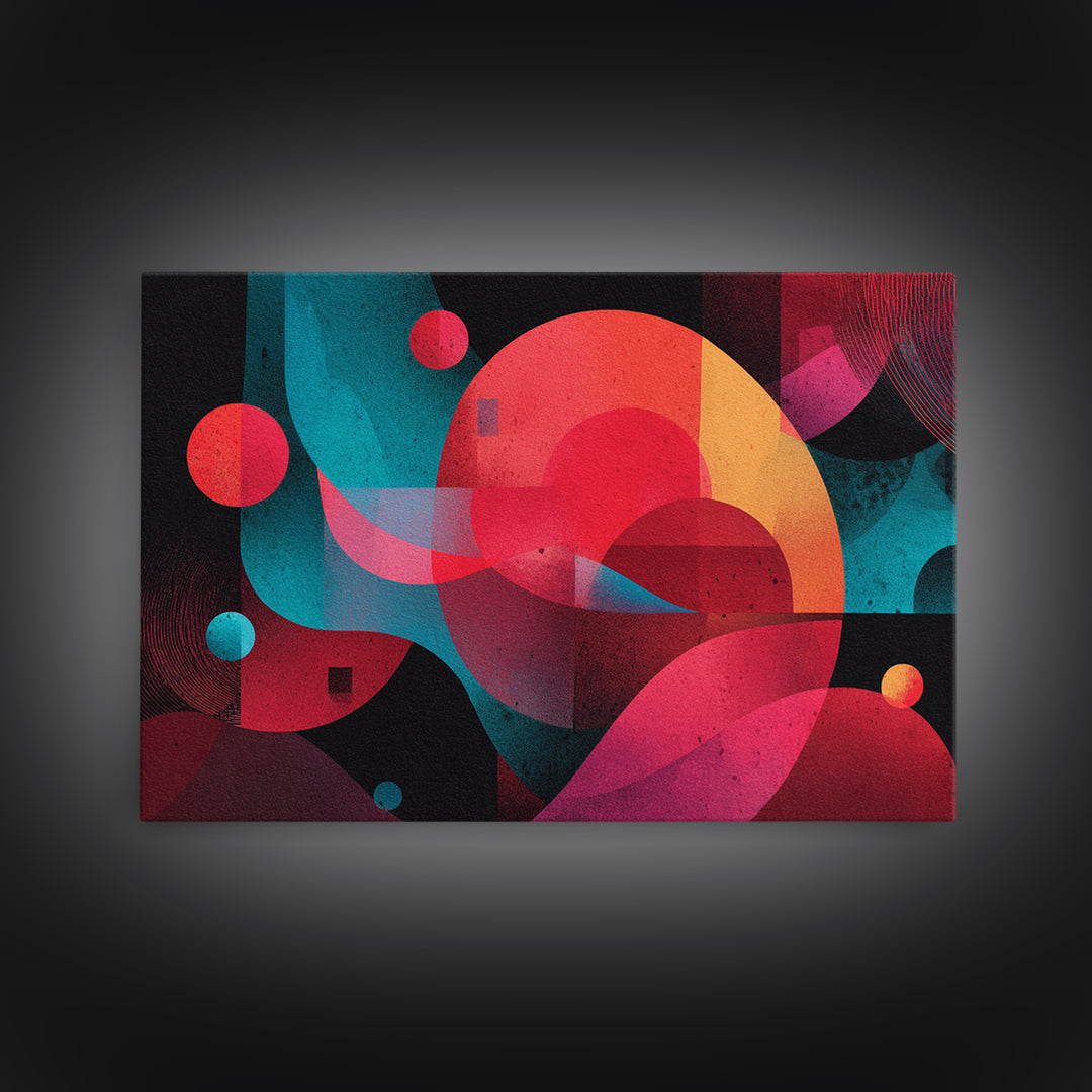 Red Teal Abstract Circles Wall Art, Midcentury Modern Abstract Art, Geometric Canvas Print, Bold MCM Living Room Decor Gift