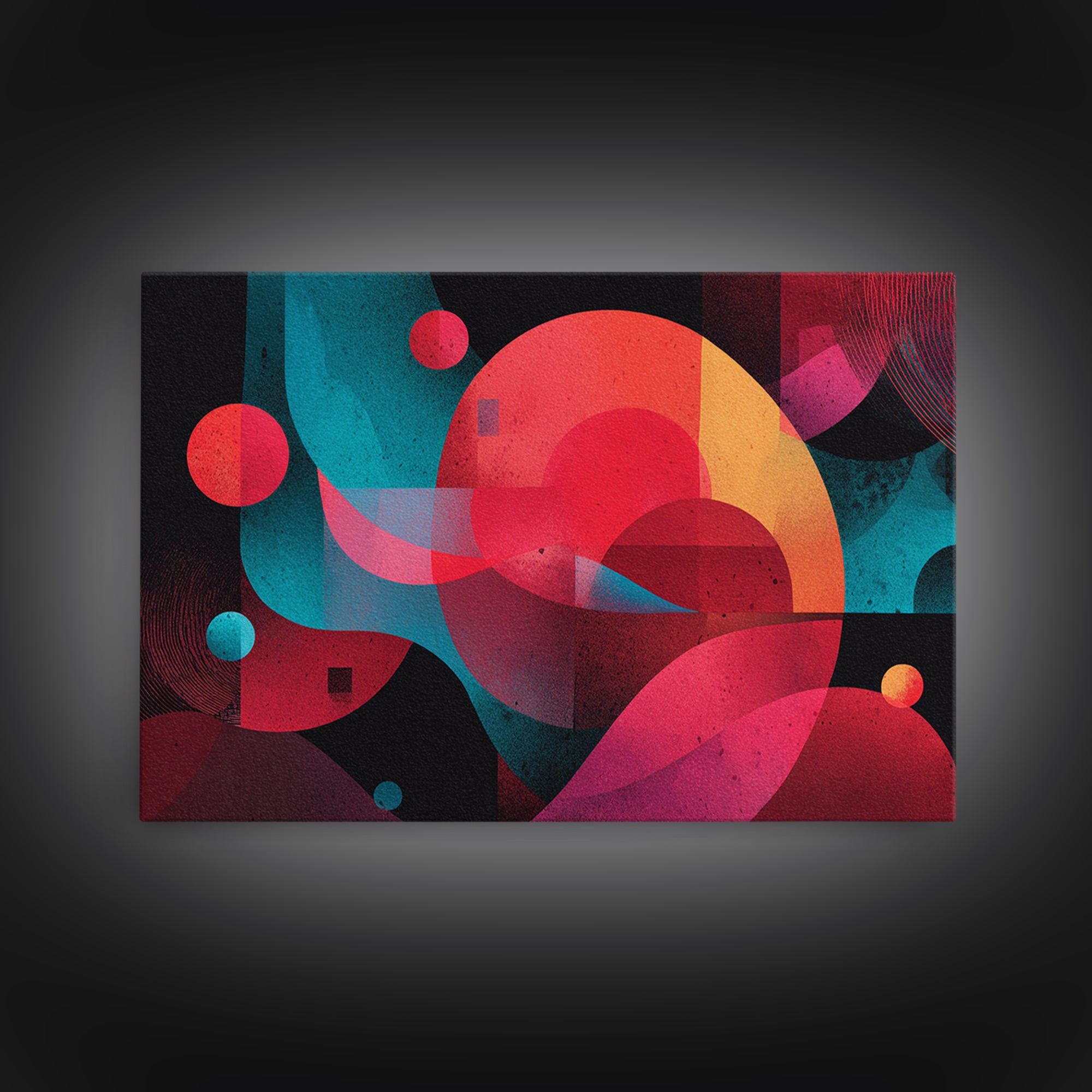 Red Teal Abstract Circles Wall Art, Midcentury Modern Abstract Art, Geometric Canvas Print, Bold MCM Living Room Decor Gift