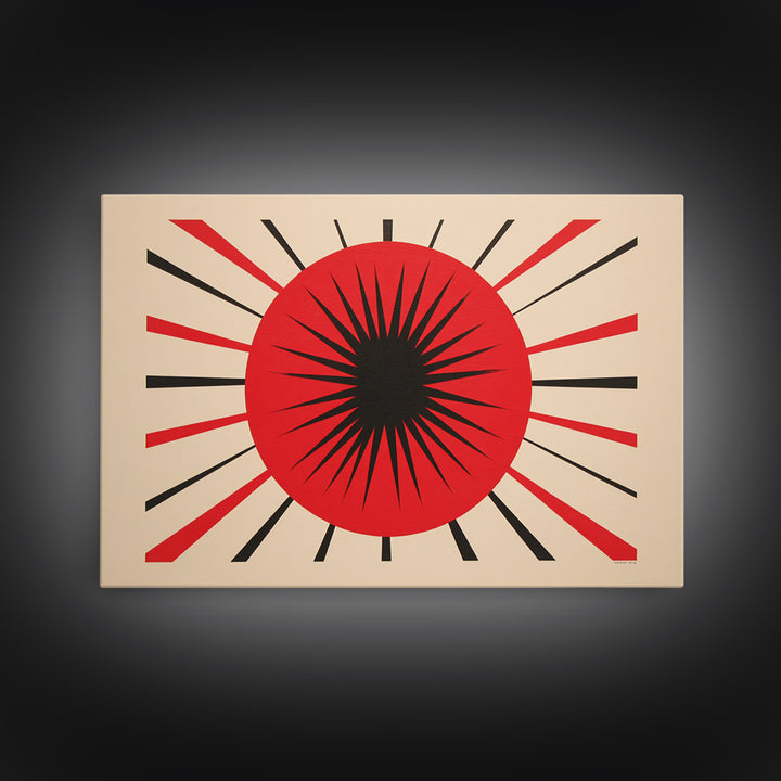 Red Black Atomic Sun Wall Art, Midcentury Modern Decor, Retro Geometric Print, Starburst MCM Office Decor Canvas Print Gift