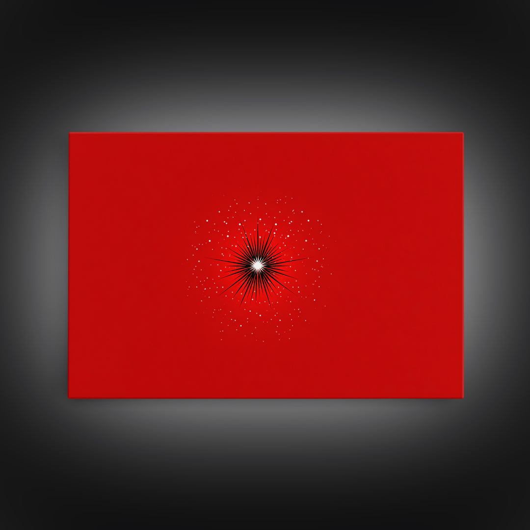 Minimal Red Starburst Wall Art, Modern Abstract Art Print, Retro Space Poster, Black White Spark Decor, Bold MCM Home Decor Gift