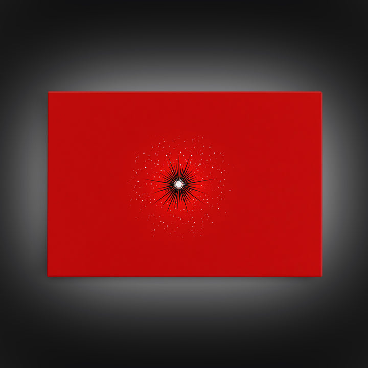 Minimal Red Starburst Wall Art, Modern Abstract Art Print, Retro Space Poster, Black White Spark Decor, Bold MCM Home Decor Gift