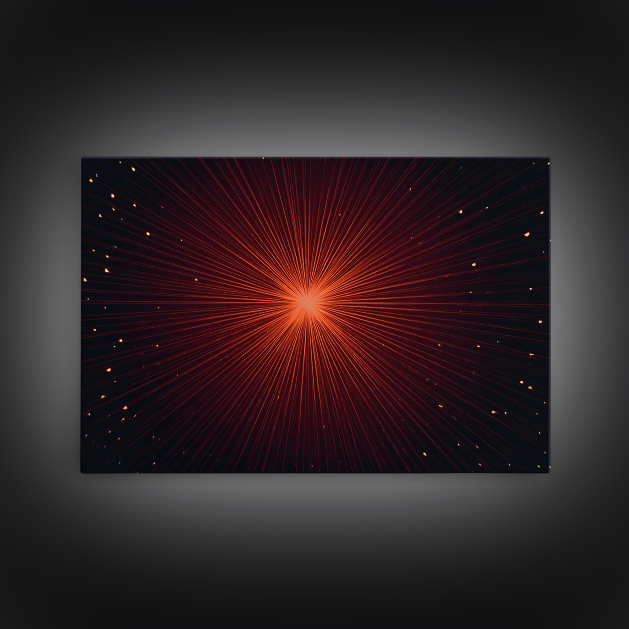Radiant Red Starburst Light Rays In Black Space Canvas Print, Retro Futuristic Wall Decor, Modern Abstract Art For Living Room