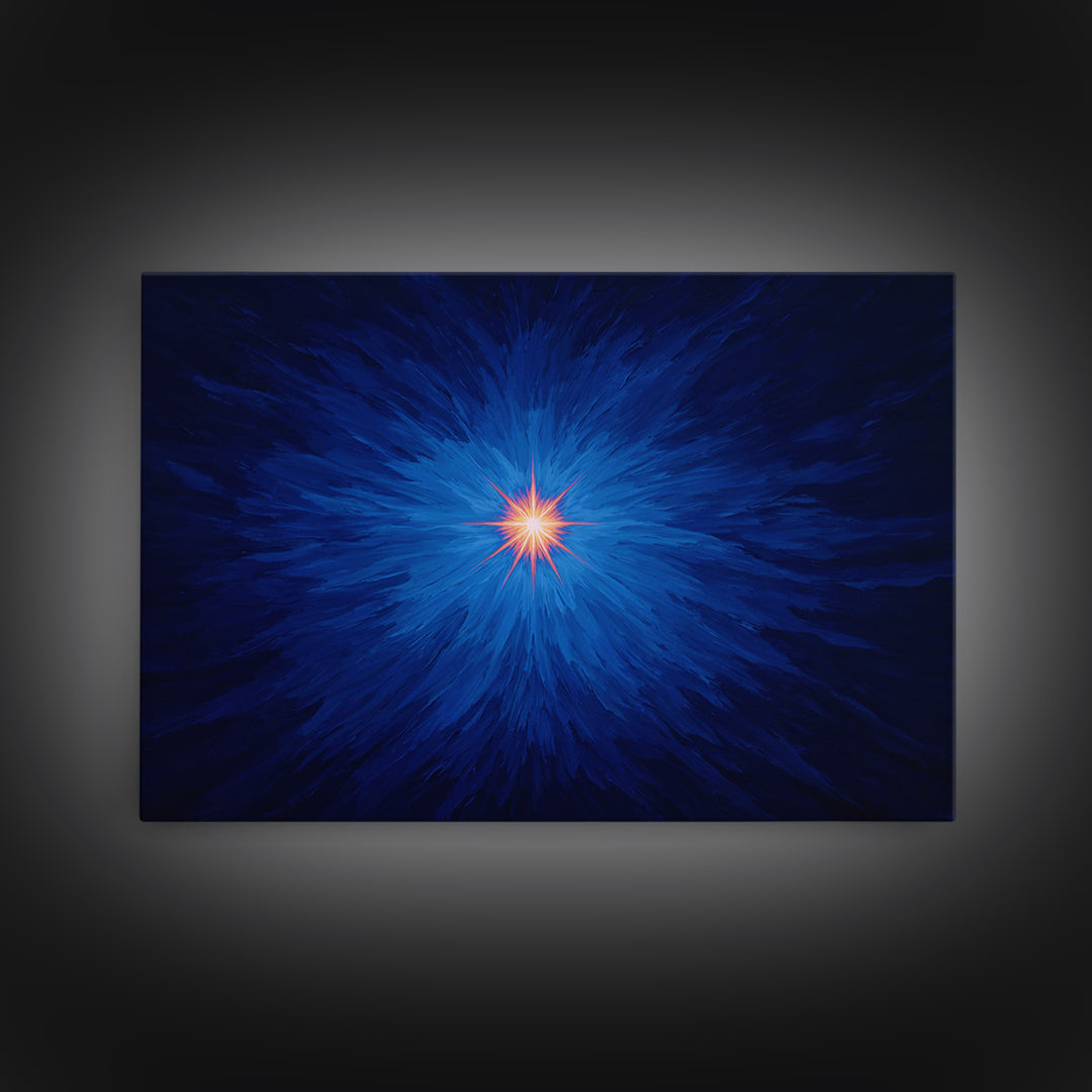 Electric Blue Cosmic Burst With Orange Star Center Canvas Print, Modern Abstract Art, Space Wall Decor For Bedroom And Office