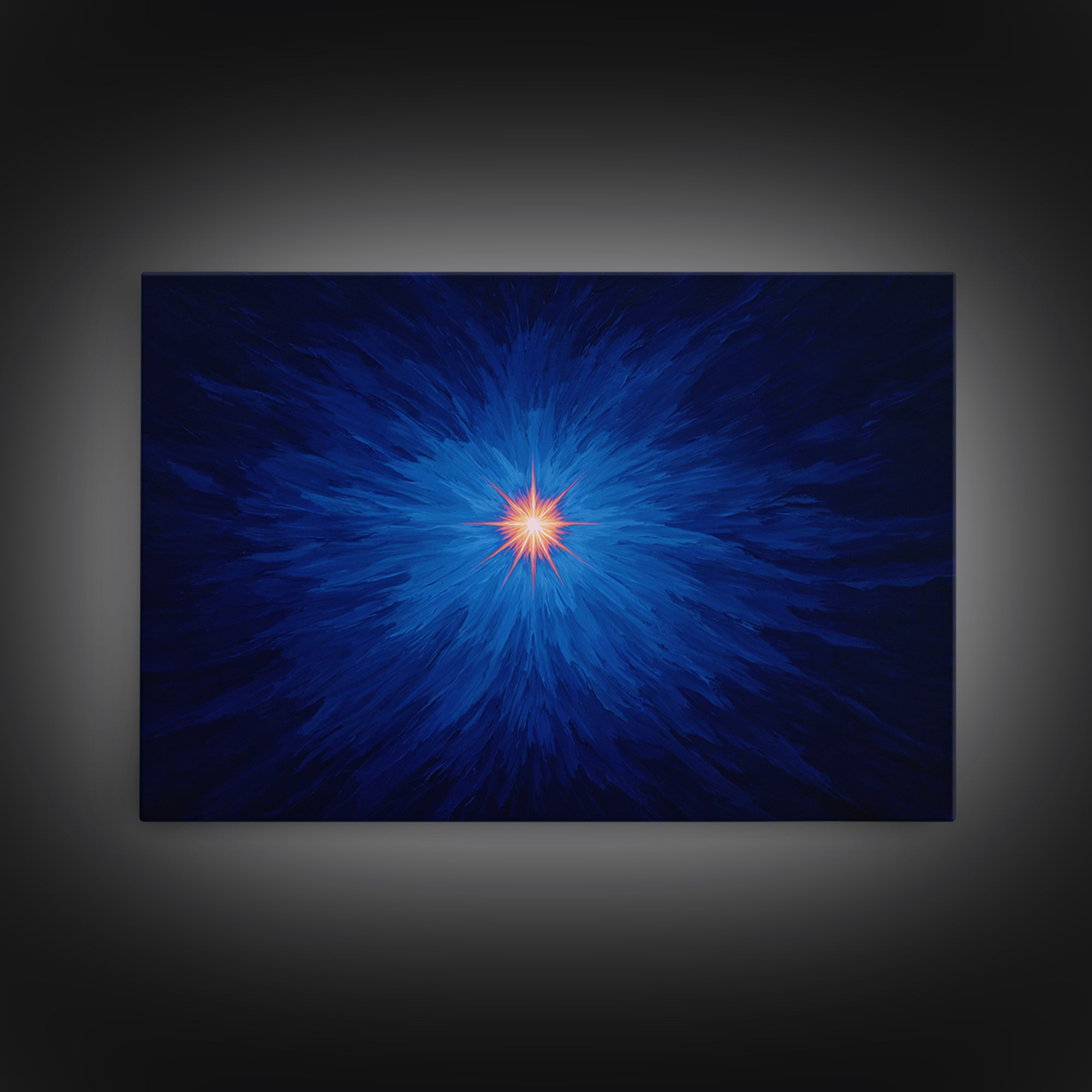 Electric Blue Cosmic Burst With Orange Star Center Canvas Print, Modern Abstract Art, Space Wall Decor For Bedroom And Office