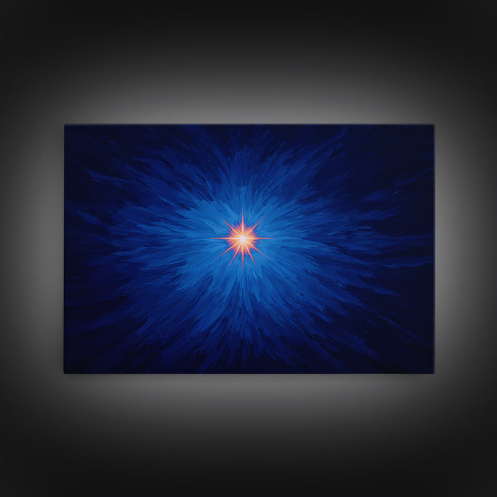 Electric Blue Cosmic Burst With Orange Star Center Canvas Print, Modern Abstract Art, Space Wall Decor For Bedroom And Office