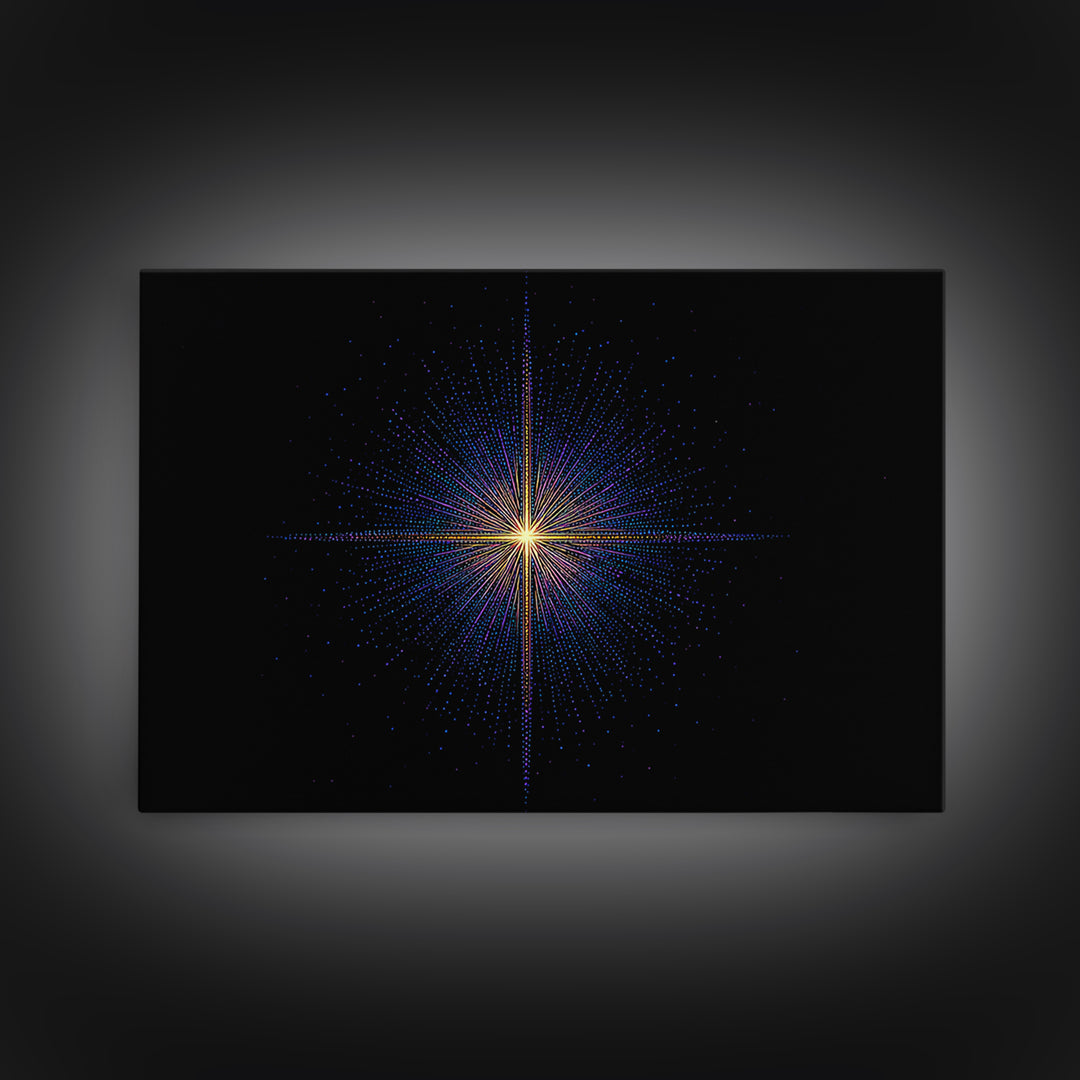 Neon Dotted Starburst On Black Space Wall Art, Retro Futuristic Digital Art Print, Modern Geometric Decor For Office And Studio