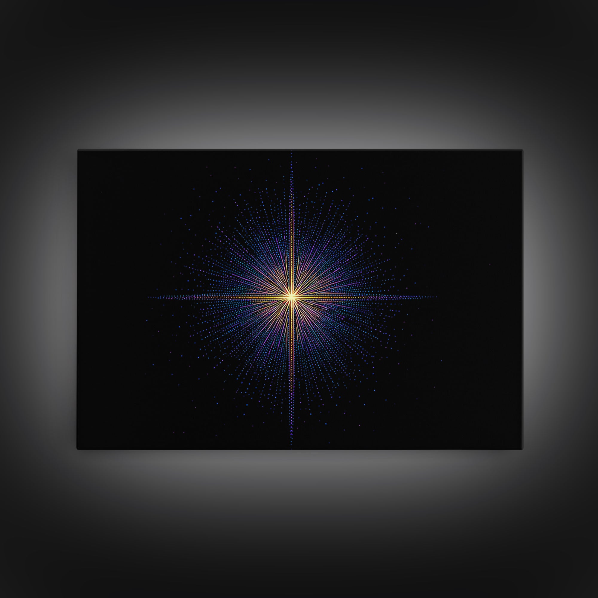 Neon Dotted Starburst On Black Space Wall Art, Retro Futuristic Digital Art Print, Modern Geometric Decor For Office And Studio