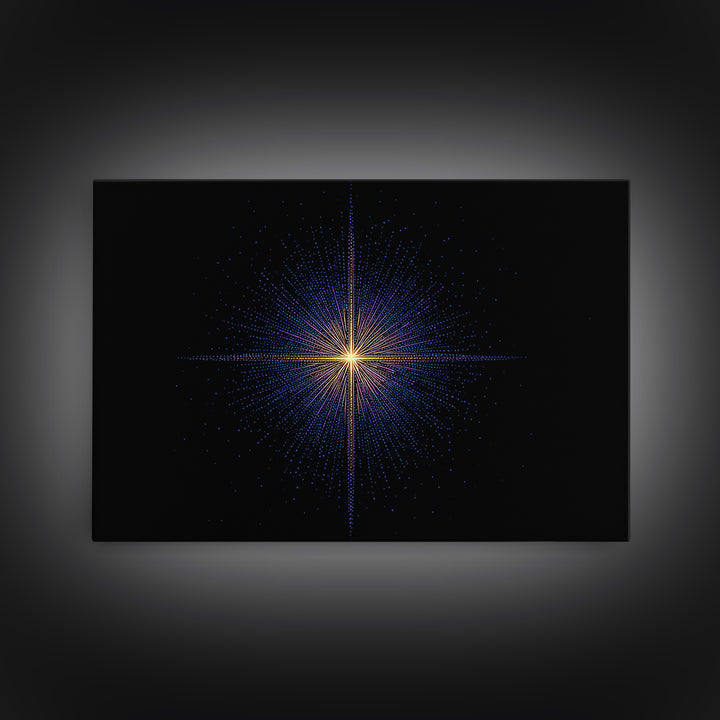 Neon Dotted Starburst On Black Space Wall Art, Retro Futuristic Digital Art Print, Modern Geometric Decor For Office And Studio