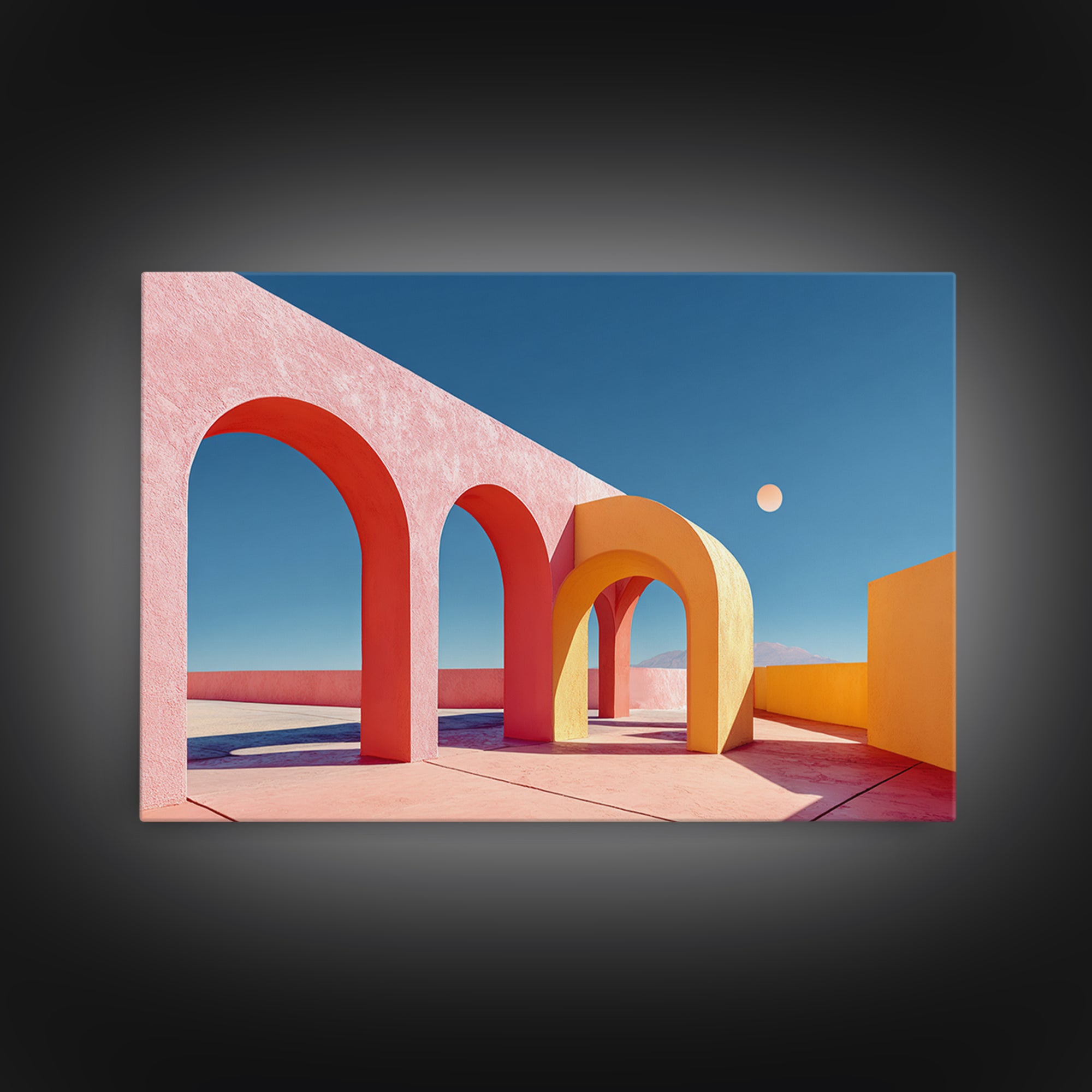 Pink Desert Arches With Orange Moon Framed Canvas Print, Midcentury Modern Wall Art, Architectural Decor For Living Room