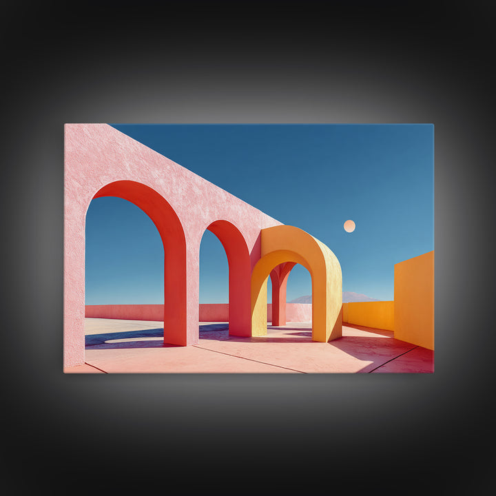 Pink Desert Arches With Orange Moon Framed Canvas Print, Midcentury Modern Wall Art, Architectural Decor For Living Room