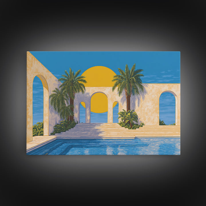 Tropical Palm Pool With Sunlit Arches Canvas Print, Palm Springs Wall Art, Midcentury Modern Decor For Beach House Patio