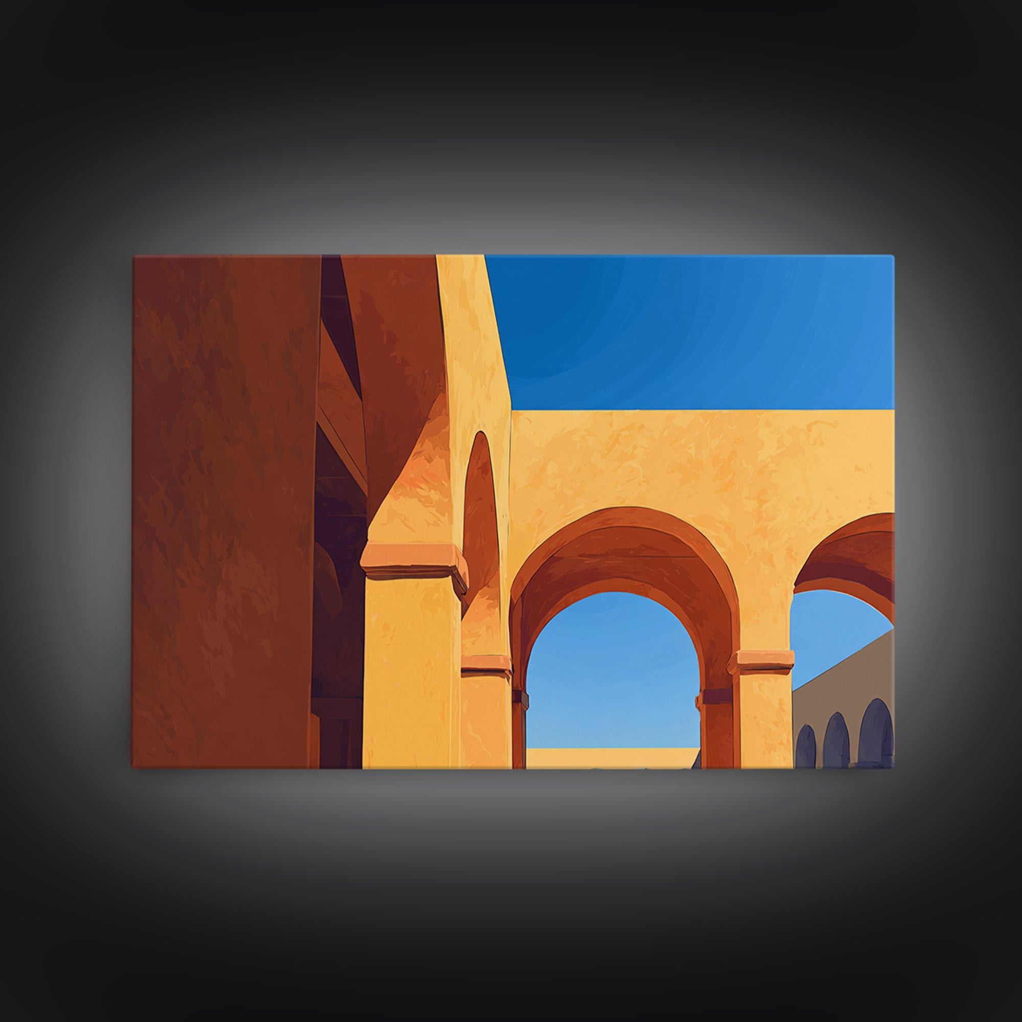 Golden Arches And Blue Sky Shadows Wall Art, Mediterranean Architectural Print, Modern Home Decor For Entryway And Office