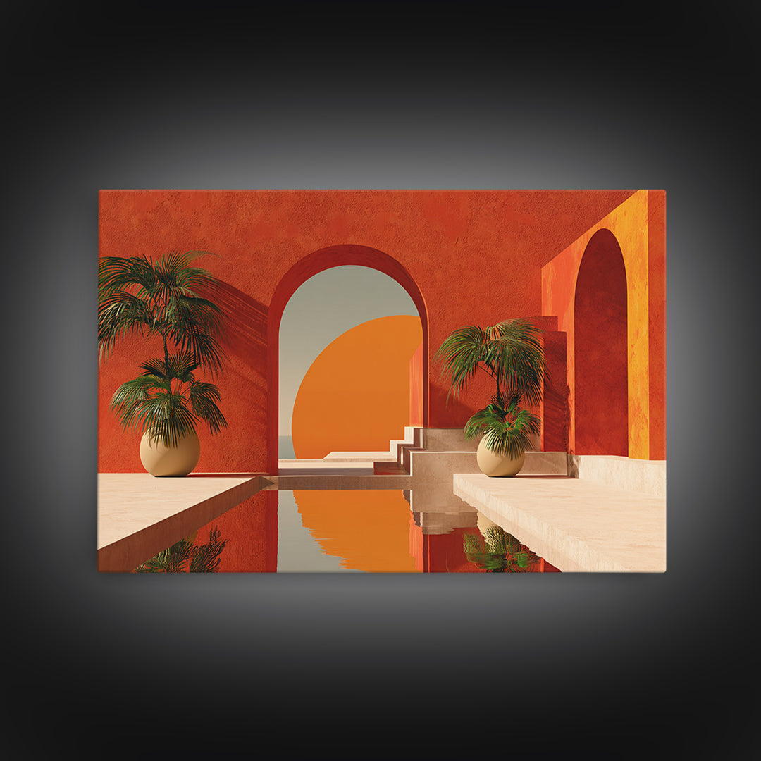 Terracotta Courtyard With Palms And Reflecting Pool Canvas Print, Modern Wall Art, Southwestern Decor For Living Room And Entry