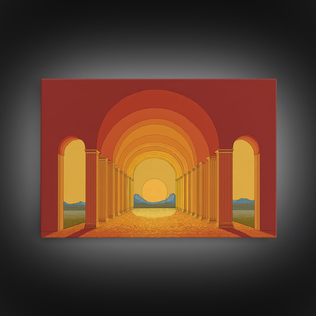 Sunset Arcade Colonnade In Orange Desert Wall Art, Midcentury Modern Architectural Print, Retro Home Decor For Hallway And Entryway
