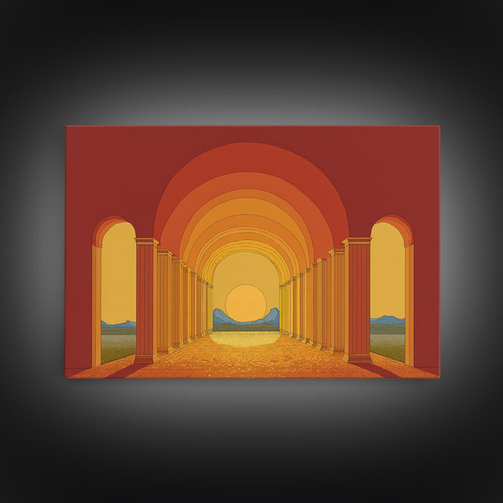 Sunset Arcade Colonnade In Orange Desert Wall Art, Midcentury Modern Architectural Print, Retro Home Decor For Hallway And Entryway