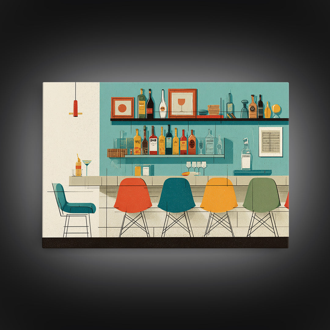 Minimal Cocktail Lounge With Color Chairs Wall Art, Midcentury Modern Art Print, Retro Bar Poster, MCM Kitchen Decor, Cafe Wall Art